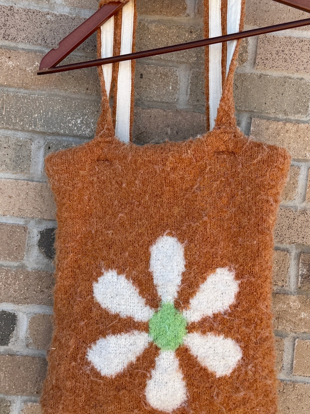 Free People Flower Power Fuzzy Daisy Tote Bag Orange Wool Blend Boho